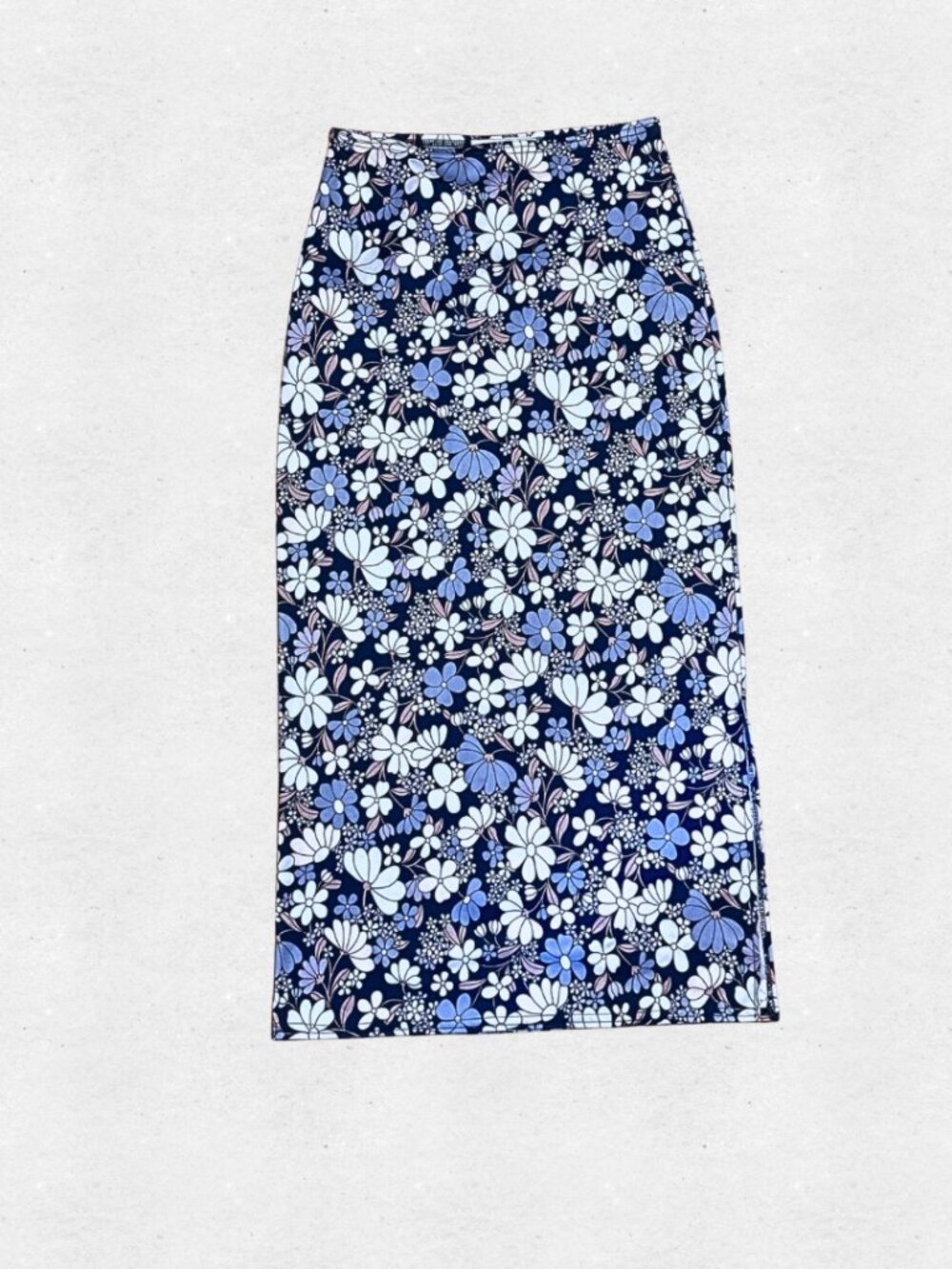 Vintage 90s Blue Retro Floral Pull On Skirt Medium Side Slit 70s Daisy Grunge